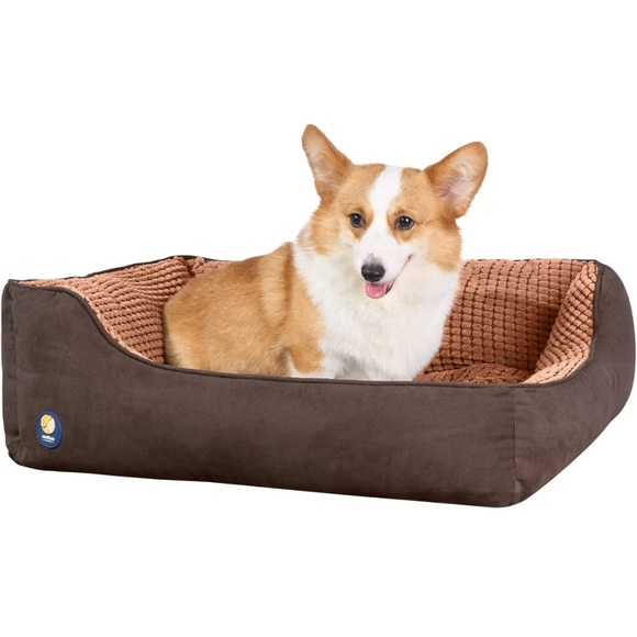Cotton Pet Dog Bed - Soft Rectangle Bolster Bed for Medium Dogs, Coffee + Brown